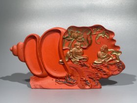 徽州和合二仙朱砂摆件墨 重约290g，15.5×8.3×2.6cm，可以写字的朱砂墨