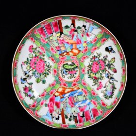 大清康熙年制外销瓷广彩珐琅彩本色真金人物花鸟纹盘 高4.4径22厘米2