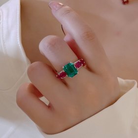 高级感彩宝红宝石撞色方形S925纯银祖母绿戒指女士绿宝石小众气质