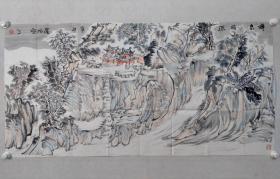 保真書畫，鄭州市美協(xié)主席，羅治安山水畫作一幅《禪泉同源》68×137cm軟片（附帶羅治安中國當(dāng)代著名畫家性靈寫意山水一本及報(bào)紙一份）