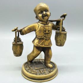 古玩铜器收藏黄铜送财童子摆包浆润泽形制端正工艺精湛古色古香