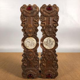 收藏木雕镶贝壳福寿如意文房四宝镇尺一对，长26厘米，宽6.5厘米，厚2.6厘米，重600克