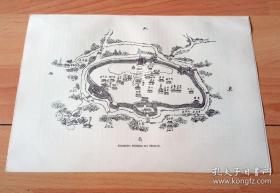 清代济南府城地图1898年木版雕刻地图《清代山东济南府及各衙门全揽图》（Stadtplan von Tsinan-fu）-- 济南古城总体布局呈现“环湖抱泉，四门不对”的特点；地图中标明济南古城主要城门位置：西为泺源门、南为历山门、东为齐川门、北为汇波门（会波门）-- 北门（会波门）内为大明湖，城内有济南府学、济南贡院、布政司署、舜庙、三元宫；城外有火神庙等消失的古建筑-- 地图尺寸26*18厘米