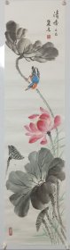 河北省美协画家刘老师纯手绘三尺对开条幅国画作品荷花翠鸟