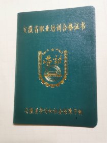 全新未用。空白新证书。安徽省职业培训合格证书，安徽省劳动社会保障厅。劳动技能培训类合格证类。