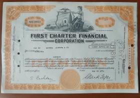 [老股票 美国 antique stock]  1976年 美国第一特许金融公司股票 First Charter Financial Corporation  单枚  稀少。 美国银行会签。