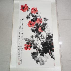 苏州著名书画家一一谭以文，精品花卉立轴133x69㎝ 全新精装裱，真迹，保真。