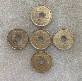 西班牙90年代25比塞塔 铜币中孔19.5mm 5枚套