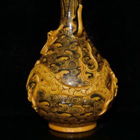 元代白浒孤窑黄釉墨彩雕刻龙纹双耳玉壶春瓶（34×20cm）