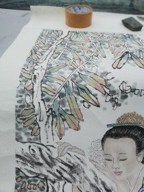 四尺。细路工笔设色五彩仕女人物。画廊旧藏精品。