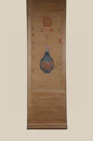 A 清代-郎世宁-精品绢本青花玉壶春--字画画心尺寸27.5x59厘米；瓷器高28厘米，腹径17.5厘米