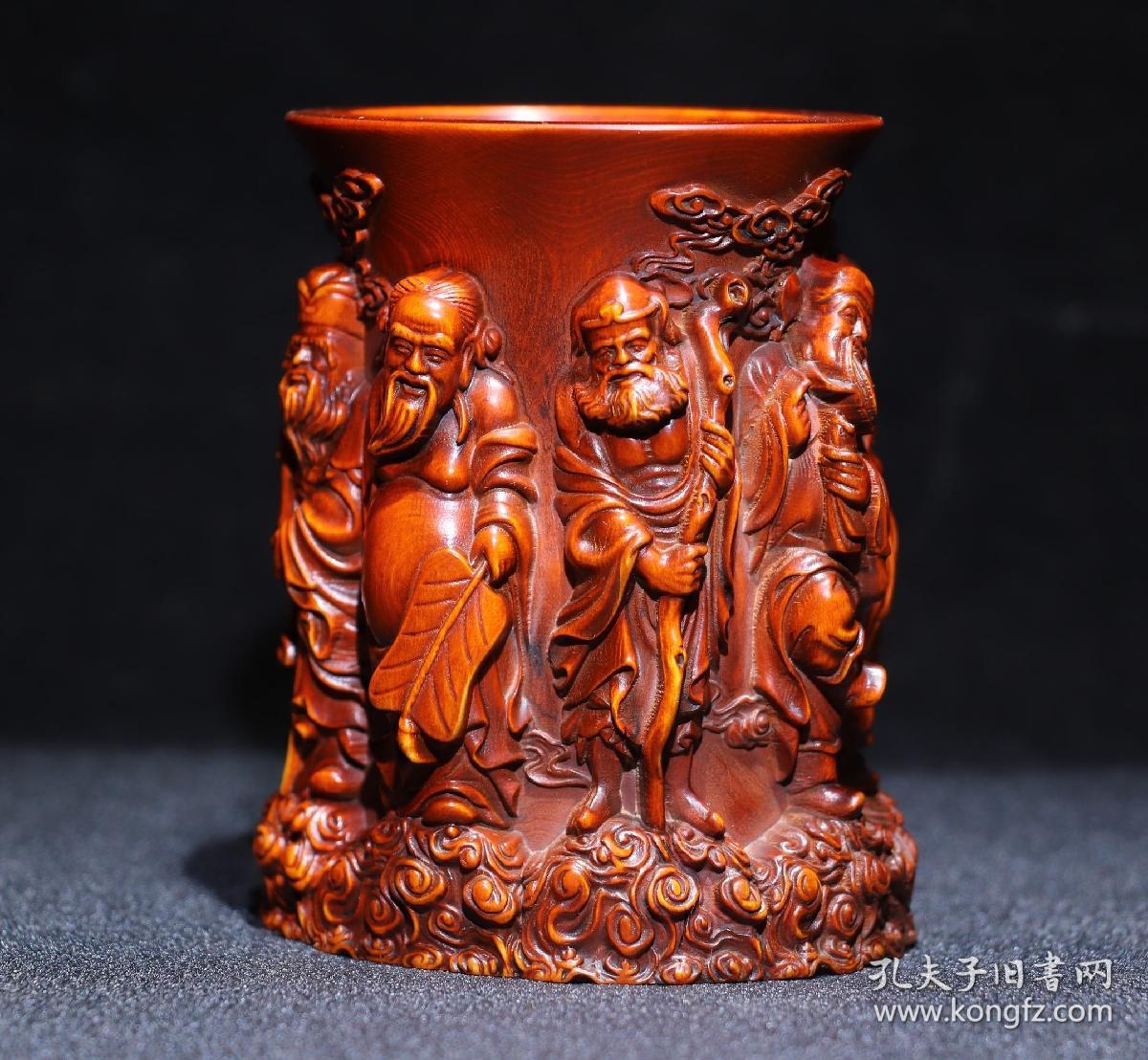 黄杨木精雕八仙笔筒摆件