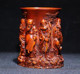 黄杨木精雕八仙笔筒摆件