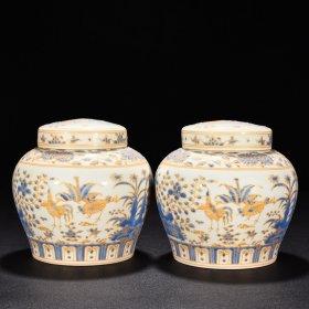 旧藏 明成化蓝彩描金全家福鸡纹夜光罐（萬贵妃铭文） 高14.8厘米 宽15厘米