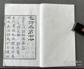 毛诗，是书白纸印製，开本敞阔，版心下镌“皕忍堂”。此书为《皕忍堂摸刻唐开成石壁十二经》之《毛诗》，山东军阀张宗昌请著名藏书家、出版家、刻书家陶湘负责督刻，文字依原拓影摹刻板，残缺处按阮元覆刻宋椠10行经文双勾补足，每个环节一丝不苟，俱臻上乘，为民国刻本之翘楚。