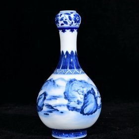 大清雍正年制青花山水纹元明堂款蒜头瓶 高16.3径8厘米2