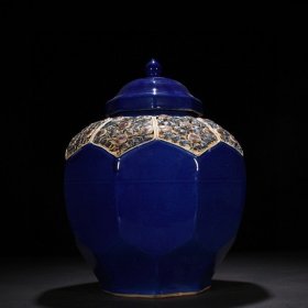 元祭蓝釉贴塑青花釉里红花卉纹八方盖罐 42*25厘米 3600