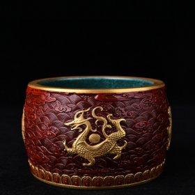 清乾隆木纹釉鎏金雕刻青龙白虎朱雀玄武纹笔筒