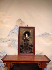 红木镶瓷板画掐丝观音挂屏