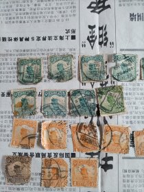 民国伦敦版帆船邮票18张合拍。有好有差。含半分银一张，壹分八张，贰分一张，叁分八张。都是信销票，部分邮票有“安徽虹关”邮戳。