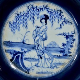明永乐郑和赏赐款祭蓝釉青花人物四大美女纹盘子一套