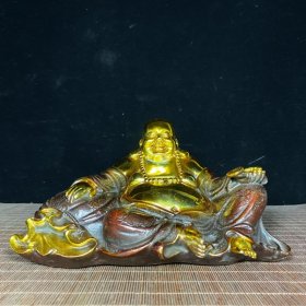 纯铜鎏金笑口常开弥勒佛祖，黄金袋人种袋弥勒佛像，高14厘米，长24厘米，重2967克，