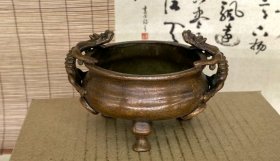 香炉双耳古风物件赤龙麒麟双龙三足鼎摆件铜合金工艺品