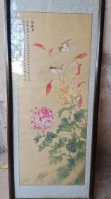 80年代常州国画院老名家冯颖绢本工笔没骨画《菊花双鸟》三平尺。漂亮