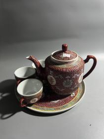 70年代，红色万寿无疆茶壶一套
