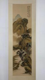 大典著录，清末民初，浙江平湖籍名家范冬青（范钟）青绿山水，绢本设色绫裱立轴，尺寸121×32。