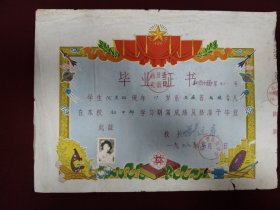 1962年安徽省南陵中学毕业证书，尺寸：38*28.5厘米，带学生照片，品如图，80包邮。