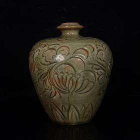 宋耀州窑雕刻花卉纹尊古董古玩古瓷器收藏