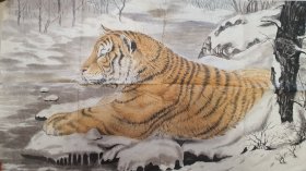 29755 号 （佚名）纸本手绘《寒溪》雪中卧虎画片