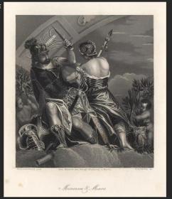 1860年德国雕版钢版画密涅瓦和玛尔斯