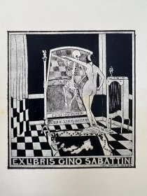 精品藏书票52-意大利艺术家Sabattini 1920年自用藏书票-骷髅红粉