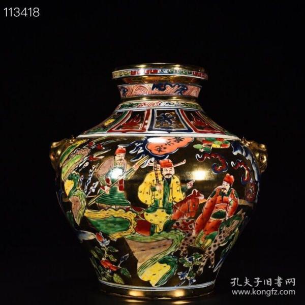 元金地五彩单骑救主人物故事虎头罐