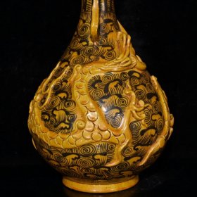 元代白浒孤窑黄釉墨彩雕刻龙纹双耳玉壶春瓶（34×20cm）