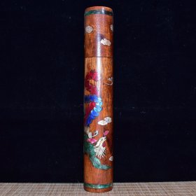 老花梨木镶嵌贝壳祥凤来仪香筒 高36厘米，宽5.5厘米