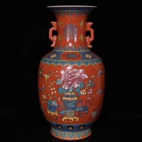大清康熙粉彩描金花卉双耳瓶（34.5×17cm）
