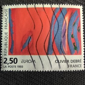 FR507法国邮票1993 艺术系列 德勃雷绘画 红与蓝的节律 外国邮票2-1 销 1枚 （邮戳随机，无硬折，有折齿）