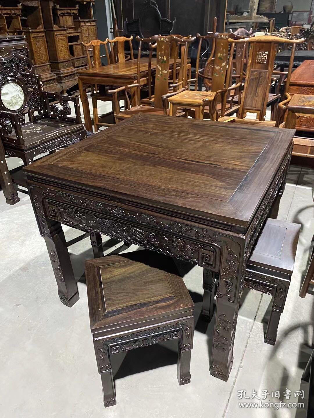 黄檀木满工雕刻八仙桌五件套 运费自理