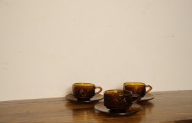 中古Vintage琉璃咖啡杯琥珀色老玻璃茶杯 民国料器茶色咖啡杯餐具点心果盘