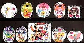 日本邮票信销，2013年，G76，迪士尼卡通人物， 米老鼠维尼熊小飞象，10全