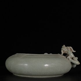 宋汝窑天青釉盘龙笔洗 11.5x28厘米DD