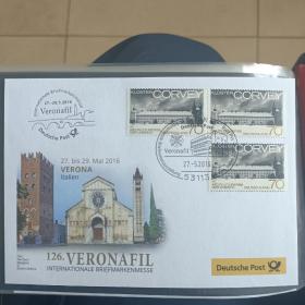 F1849外国信封 2016年意大利维罗纳国际邮展纪念封 贴德国2016年世界遗产 卡洛林时期面西建筑和科尔维城邮票 1全