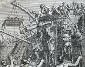 1749年，L.F.杜布尔(Louis Fabricius Dubourg）《克劳迪乌斯 西维利斯突袭维特拉的罗马军营》荷兰文，高质量铜版画，雕刻师：雅科布 福克玛（Jacob Folkema），作者签名（下方两边），加厚防酸纸，纸面19.5x24cm，画面15x19.5cm，品相极佳。