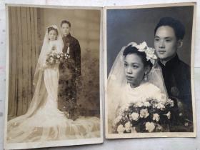 民国三十七年手填结婚证 “花好月圆”上海康乐酒家举办结婚典礼 附新娘新郎婚纱照两张（绢本有印花税票）证书尺寸：25*35CM