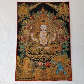 四臂观音西藏唐卡画金丝刺绣布料装饰挂画 菩萨像条幅 90*60厘米