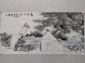 保真书画，宁德市美协副主席，林伟四尺整纸人物画一幅《高山流水》69×136cm软片，附赠报纸一份及作者快递作品的快递单，林伟，宁德市美术家协会副主席，东方佛学书画院院长。擅长国画人物、山水，尤喜作古代诗家名人水墨画