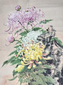 邱远柔:四川内江著名画老一辈书画家，职业画家、1978年原装原裱三尺整纸花鸟画镜片精品、菊花、画心尺寸：94*58厘米